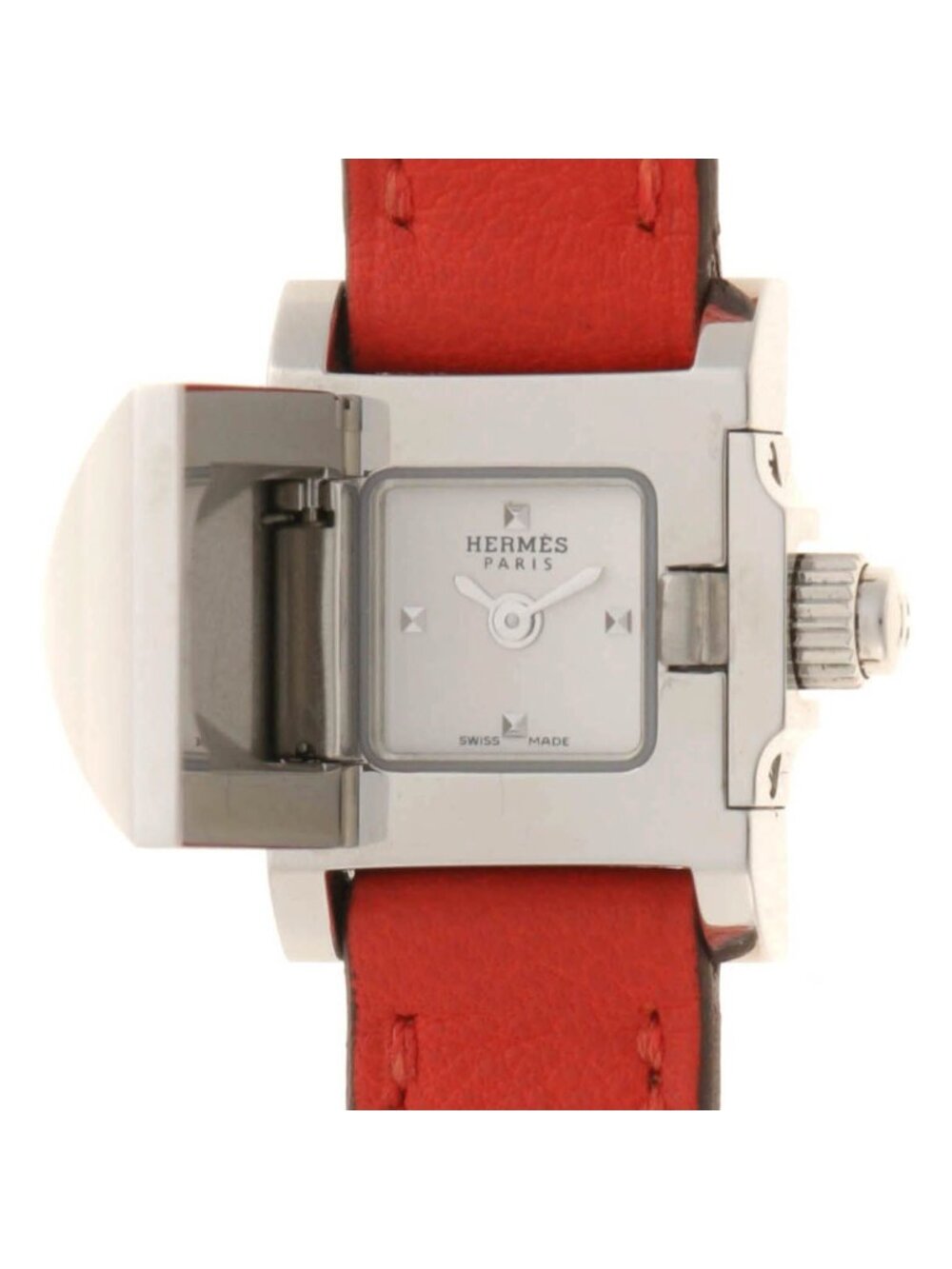 Hermes Medor Tour Watch SS Stainless Steel Leather Strap Silver Dial Quartz